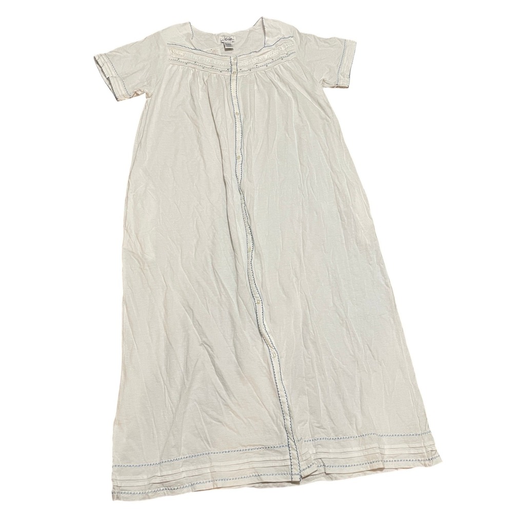 Aria Women's Medium White Cotton Nightgown Blue Floral Lace Trim Cottagecore NWT